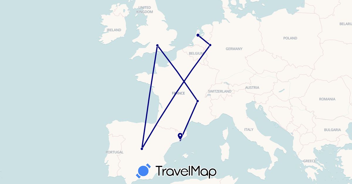 TravelMap itinerary: driving in Germany, Spain, France, United Kingdom, Netherlands (Europe)